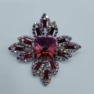 Vintage Silver-tone AB Watermelon Rivoli Center Rhinestone Brooch Pink Purple OS
